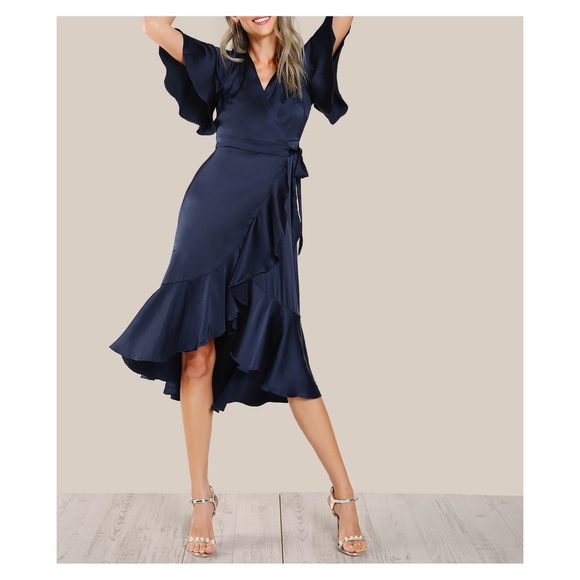 MBM Unlimited Dresses & Skirts - Navy Blue Satin Ruffle Wrap Tie Dress